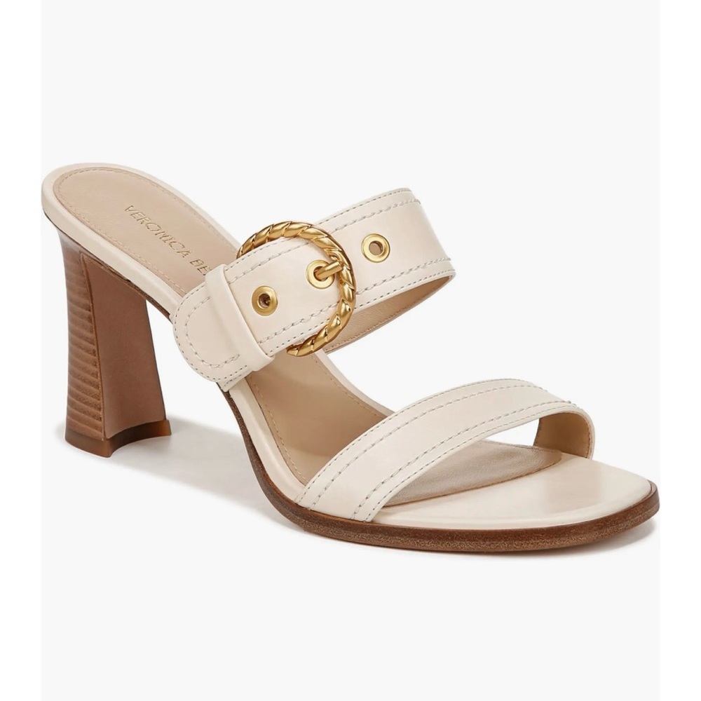 Veronica Beard Margaux Slide Mule Two-Strap Heeled Sandal with Gold Buckle NWT